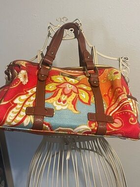 Spartina 449 Red, Orange & Blue Floral Tote with Brown Trim